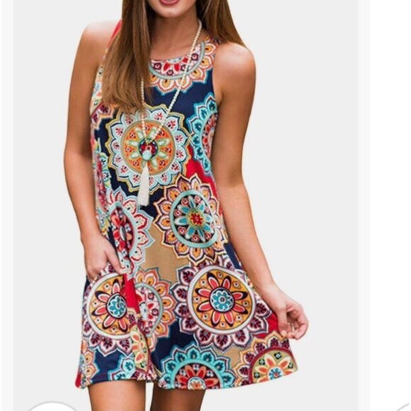 Zesica Womens Sleeveless Bohemian Floral Print Swing Dress - Picture 1 of 9